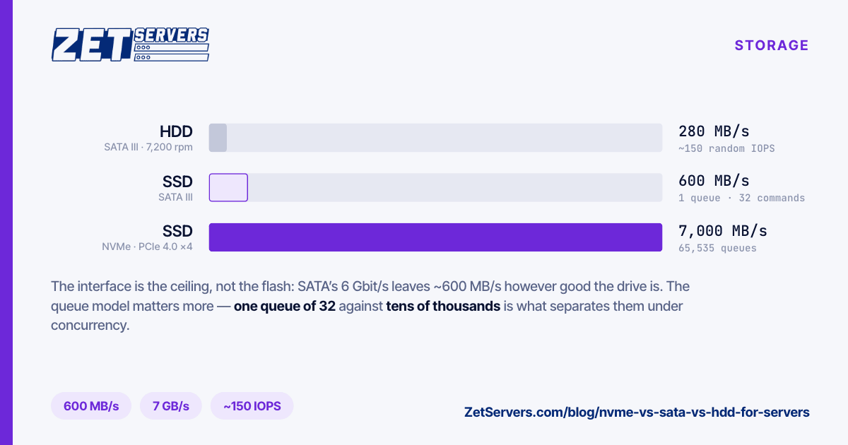 Bar chart of sequential read throughput: hard drive 200 to 280 MB per second, SATA SSD 550 to 600, NVMe on PCIe 4.0 up to 7000.